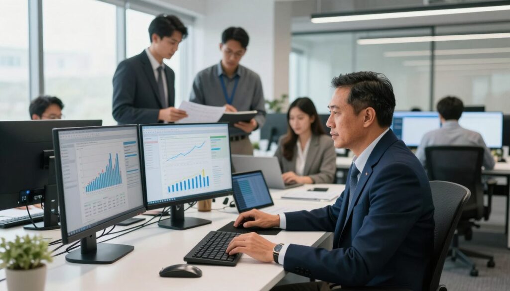 A professional AI expert analyzing operational costs in a modern office environment. In the foreground, the expert, a middle-aged Indonesian individual dressed in a smart business suit, is seated at a sleek desk, surrounded by digital screens displaying data analytics and graphs illustrating cost reduction. In the middle ground, colleagues in business attire collaborate over project plans, with technology tools visible, like laptops and tablets. The background showcases a bright, open office with large windows, allowing natural light to enhance the atmosphere. The mood is focused and efficient, conveying a sense of innovation and teamwork. Use a wide-angle lens for depth, capturing the lively yet professional space where cutting-edge AI solutions are discussed.