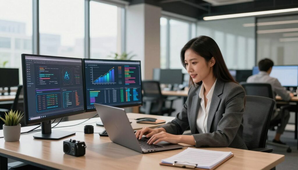 A professional AI practitioner confidently working at a modern office desk, showcasing an array of digital tools and screens filled with data visualizations and AI algorithms. In the foreground, focus on the individual—an Asian female in business attire, analyzing data on a laptop, her expression one of deep concentration and enthusiasm. In the middle ground, include several monitors displaying graphs and charts symbolizing artificial intelligence advancements, surrounded by tech gadgets and notepads. The background features an inviting, contemporary office with large windows allowing natural light to flood the scene, casting a warm glow. The overall mood conveys productivity and innovation, emphasizing the advantages of being an AI practitioner rather than just a user. Use a wide-angle perspective to enhance the workspace's dynamism and modernity. A professional AI practitioner confidently working at a modern office desk, showcasing an array of digital tools and screens filled with data visualizations and AI algorithms. In the foreground, focus on the individual—an Asian female in business attire, analyzing data on a laptop, her expression one of deep concentration and enthusiasm. In the middle ground, include several monitors displaying graphs and charts symbolizing artificial intelligence advancements, surrounded by tech gadgets and notepads. The background features an inviting, contemporary office with large windows allowing natural light to flood the scene, casting a warm glow. The overall mood conveys productivity and innovation, emphasizing the advantages of being an AI practitioner rather than just a user. Use a wide-angle perspective to enhance the workspace's dynamism and modernity.