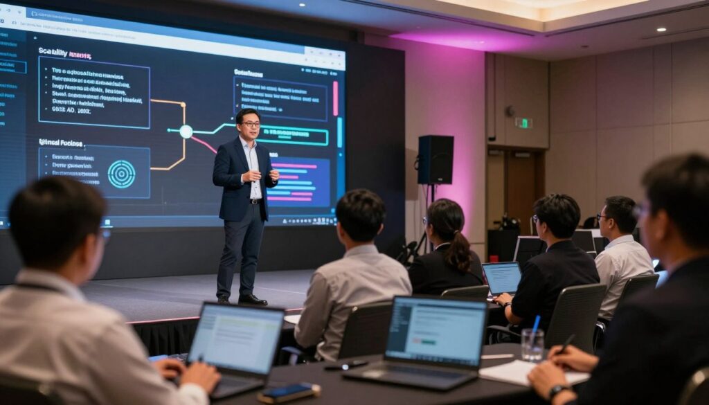 A professional Indonesian AI speaker stands confidently on stage, engaging a captivated audience in a modern conference hall. The speaker is dressed in formal business attire, exuding authority and expertise. In the foreground, attendees are attentively listening, some taking notes on laptops, showcasing their interest in the subject. The middle ground features a sleek presentation screen displaying dynamic graphics related to AI technology and scalability frameworks. In the background, soft ambient lighting creates a warm and inviting atmosphere, with colorful LED lights enhancing the professional setting. The image captures a sense of inspiration and innovation, conveying the significance of having an AI speaker at corporate events. Shot from a slightly low angle, emphasizing the speaker's presence and the interaction with the audience, creating an engaging and motivating scene.