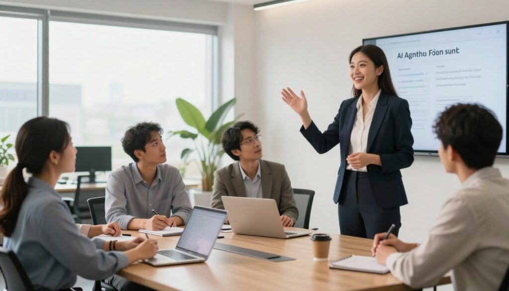 A professional and modern office environment where a diverse group of individuals are actively engaged in a collaborative meeting. In the foreground, a confident woman in business attire is sharing her positive experience using AI agents for sales automation, gesturing enthusiastically towards a digital presentation displayed on a wall. The middle ground features attentive colleagues, both men and women, nodding and taking notes, showcasing an atmosphere of dialogue and learning. The background includes sleek office furniture, large windows with natural light streaming in, and green plants for a refreshing touch. The overall mood is upbeat and inspiring, emphasizing collaboration, innovation, and the effectiveness of technology in enhancing sales processes. The image should be captured in a warm, inviting light with a soft focus to create a professional yet approachable atmosphere.
