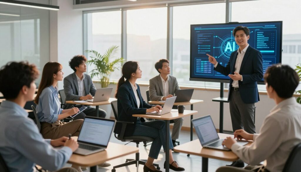 A professional and modern training environment, showcasing a group of diverse executives engaged in a practical AI training seminar. In the foreground, a confident trainer in a suit is demonstrating AI concepts on a large screen, with visuals of AI algorithms and data analytics. In the middle, small groups of participants, dressed in professional business attire, interact eagerly with tablets and laptops, taking notes and discussing. The background features an innovative office setting with large windows allowing natural light to flood in, creating a bright and optimistic atmosphere. The lighting is warm and inviting, emphasizing a collaborative mood as everyone is focused and engaged, symbolizing the bridging of the digital skills gap among executives. The scene conveys a sense of empowerment and progress.