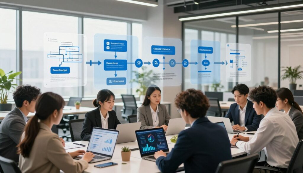 A professional business environment showcasing a gradual implementation and change management process. In the foreground, a diverse group of business professionals in smart attire, collaborating around a modern table, analyzing charts and digital devices. The middle layer features a series of transparent, overlapping visuals representing phased implementation steps, such as flowcharts and strategy timelines. The background presents a sleek office with large windows, allowing natural light to flood in, enhancing a productive atmosphere. Soft focus on elements like plants and minimalist decor adds balance. The mood is optimistic and dynamic, capturing a sense of progress and teamwork. Use a wide-angle lens to emphasize depth and include warm, inviting lighting.