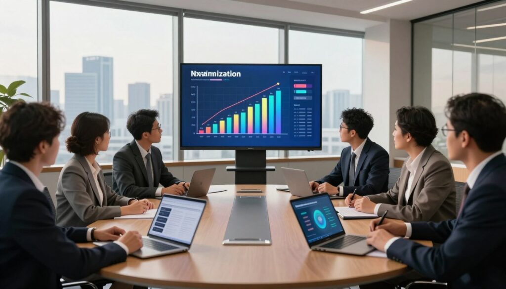 A professional business meeting scene set in a modern conference room, with a round table in the foreground surrounded by diverse business professionals in business attire. The individuals are engaged in a discussion, reviewing documents and digital devices that depict vendor selection criteria for AI agents. In the middle ground, a large screen displays a vibrant graph illustrating ROI maximization, highlighting potential vendor benefits. The background features a panoramic window with a city skyline, casting warm, natural light into the room, creating an atmosphere of collaboration and strategic decision-making. The mood is focused and forward-thinking, emphasizing teamwork and technology-driven solutions.