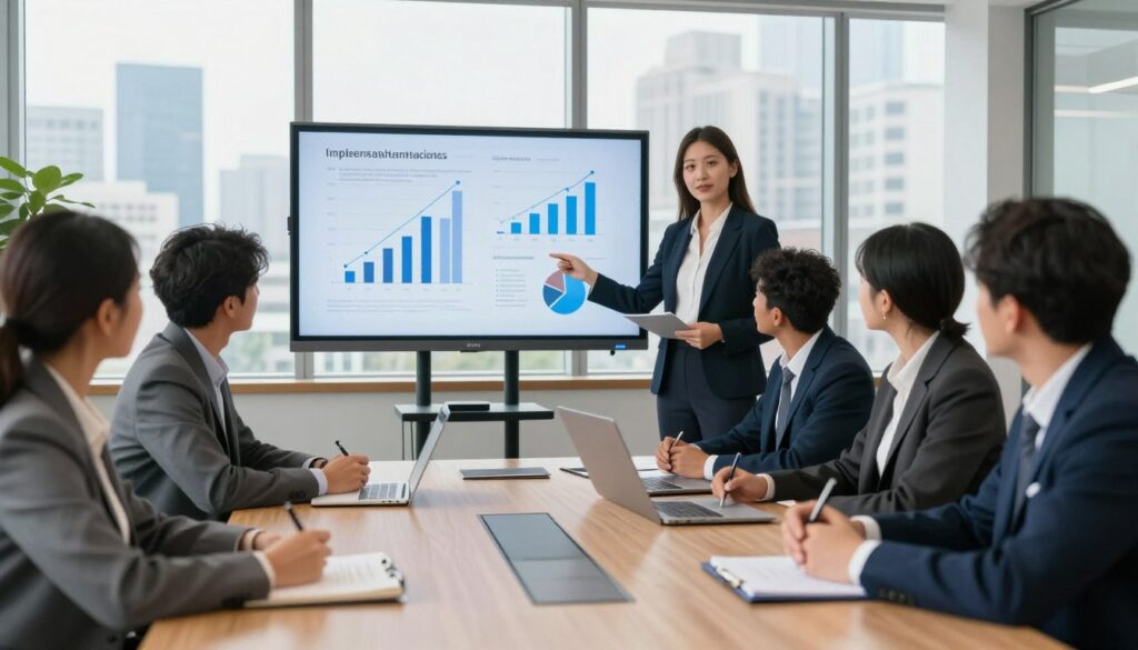 A professional business meeting scene set in a modern office environment, showcasing a diverse group of individuals engaged in a collaborative strategy session. In the foreground, a confident female leader in formal business attire is presenting on a large digital screen displaying graphs and charts, symbolizing implementation challenges and strategies. In the middle ground, seated team members of various ethnic backgrounds are actively discussing while taking notes, illustrating engagement and cooperation. The background features a large window with a city skyline, allowing natural light to flood the room, creating an optimistic and dynamic atmosphere. The composition emphasizes teamwork and strategic planning, highlighting the fusion of traditional business practices and innovative AI solutions. The overall mood is focused and productive, with a sense of urgency and opportunity.
