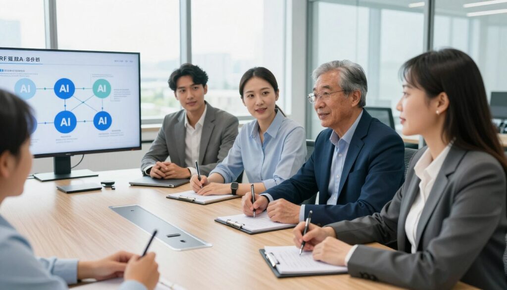 A professional business setting featuring a diverse group of individuals engaged in a collaborative meeting, preparing for the integration of AI into their company's systems. In the foreground, a middle-aged woman in business attire is presenting a chart on a digital screen, illustrating data flow and AI integration strategies. In the middle, attentive participants, including a young man and an older gentleman, are taking notes and discussing ideas. The background shows a modern office with large windows, allowing natural light to fill the space, creating a bright and optimistic atmosphere. The camera angle is slightly above eye level, focusing on the interaction and engagement among the participants, evoking a sense of teamwork and innovation in technology adoption.
