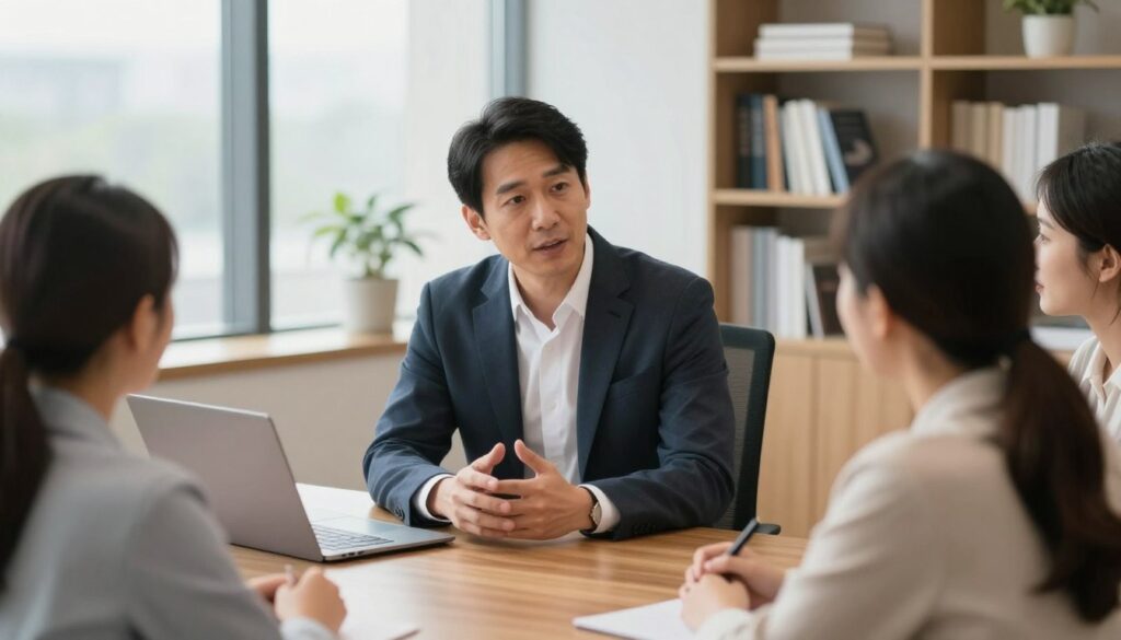 A professional coaching session featuring Dee Ferdinand, a middle-aged Asian man with short black hair, wearing a smart-casual blazer over a crisp white shirt. He is seated at a sleek wooden desk, engaging intently with a diverse group of three individuals. The setting is a modern office with large windows allowing soft, natural light to flood the room, creating a warm and inviting atmosphere. In the background, shelves filled with books on business and technology can be seen. The mood is focused and collaborative, with a sense of mentorship and encouragement in the air. The camera angle should be slightly elevated, capturing both Dee's expressive gestures and the attentive faces of the participants.