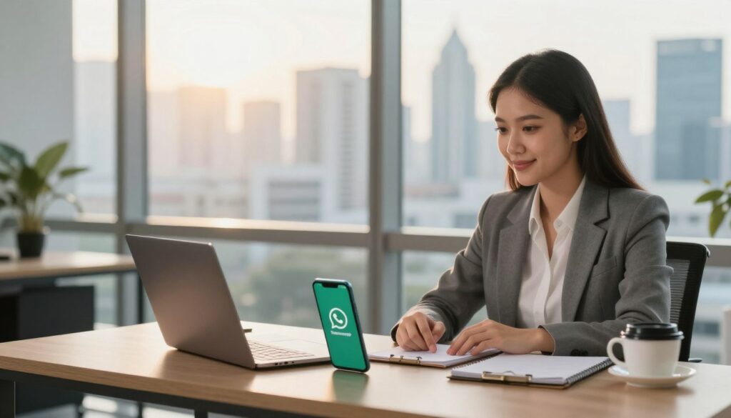 A professional consultant sitting at a stylish desk in a modern Jakarta office, engaged in a virtual consultation via WhatsApp. The foreground captures the consultant, Dee Ferdinand, a young Asian professional in business attire, focused on her laptop screen with a friendly expression. In the middle, a sleek smartphone lies on the desk displaying the WhatsApp logo, surrounded by a notepad and a cup of coffee, emphasizing a business setting. The background features a large window with a view of Jakarta's skyline, bathed in warm sunlight, creating an inviting and productive atmosphere. Soft, diffused lighting enhances the scene, giving it a professional yet approachable vibe, perfect for illustrating a free consultation service.