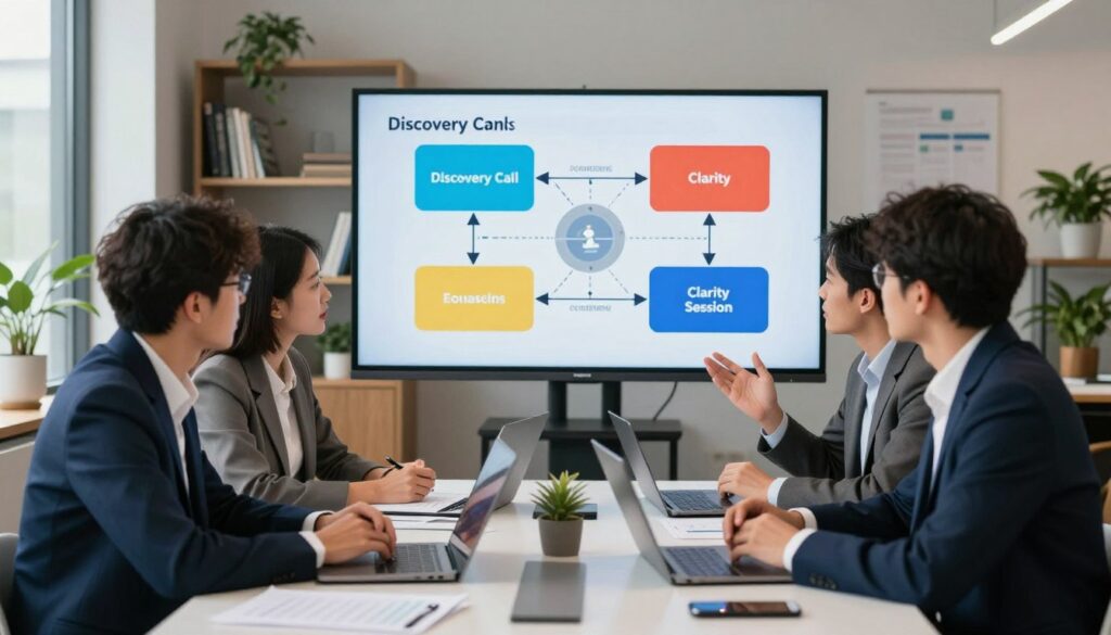 A professional consulting environment featuring a collaborative discovery meeting between diverse professionals. In the foreground, two individuals in smart business attire, one male and one female, are engaged in deep discussion around a modern table with laptops, papers, and digital devices. In the middle ground, a large screen displays a flowchart illustrating the differences between a Discovery Call and a Clarity Session, with vibrant colors and clear diagrams. The background consists of a stylish office space filled with bookshelves and plants, creating an inviting atmosphere. Soft, natural lighting streams in through large windows, emphasizing focus and clarity. The mood is one of collaboration and innovation, capturing the essence of effective consulting methodologies.