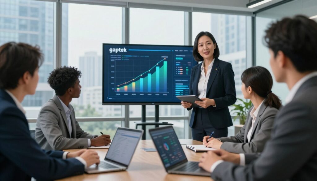A professional executive meeting scene showcasing a diverse group of executives, both men and women, engaged in a discussion about technology and AI training in a modern office environment. In the foreground, a middle-aged Asian female executive, dressed in a smart blazer, is presenting a digital tablet with data visuals, while a young Black male executive attentively listens, taking notes on a laptop. In the middle ground, a large screen displays a dynamic graph symbolizing the challenge of 