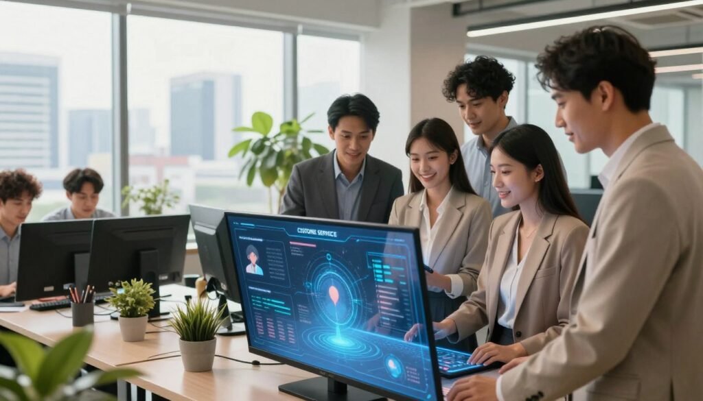 A professional, modern office environment showcasing the benefits of customer service enhanced by NLP technology. In the foreground, a diverse group of business professionals in smart attire, engaging with a sophisticated AI interface on a sleek touchscreen display. They appear focused and collaborative, analyzing data visualizations and customer interactions. In the middle ground, a well-organized workspace features high-tech gadgets and vibrant plants, promoting a positive work atmosphere. The background reveals large windows bathing the scene in natural light, with a city skyline visible, symbolizing growth and opportunity. The mood is optimistic and dynamic, reflecting innovation in customer service solutions for small and medium enterprises in Indonesia. Utilize soft yet bright lighting to bring warmth and clarity to the scene, creating an inviting and futuristic ambiance.