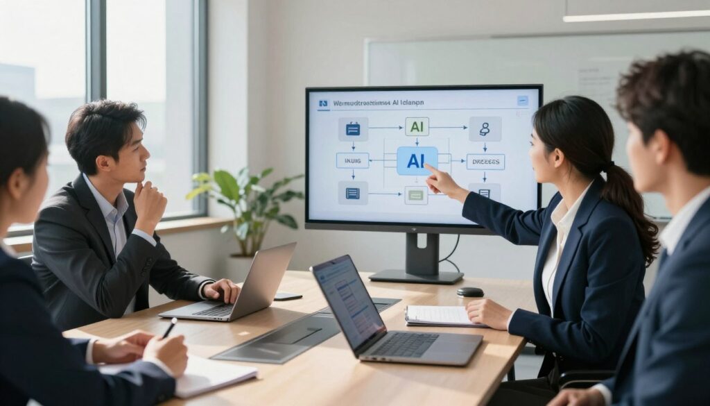 A professional office setting depicting a diverse group of business professionals engaged in a collaborative discussion around a sleek conference table. In the foreground, a woman in a smart business suit points to a digital display showing a step-by-step flowchart for AI adoption. To the left, a man in formal attire nods thoughtfully while holding a tablet. The background features large windows with bright natural light streaming in, casting soft shadows across the room. The atmosphere is one of focus and innovation, with modern tech elements like laptops and whiteboards. Capture the scene from a slightly elevated angle to convey a sense of dynamism and collaboration while maintaining a polished, professional tone.