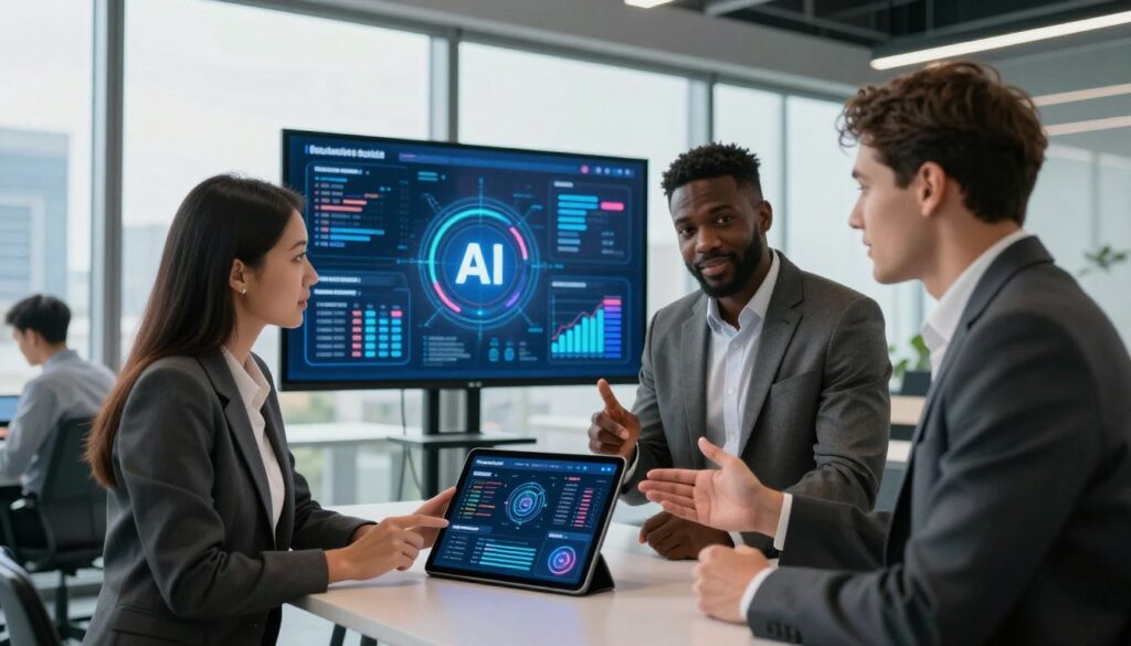 A sleek, modern office environment with a focus on a diverse group of professionals engaged in a dynamic discussion about AI in business. In the foreground, a diverse trio of businesspeople dressed in smart, professional attire—an Asian woman, a Black man, and a Caucasian woman—are animatedly interacting over a digital tablet displaying data analytics and AI-generated insights. The middle ground features a large interactive screen showcasing vibrant graphs and AI icons to illustrate the benefits of AI in enhancing ROI. The background includes floor-to-ceiling windows with a panoramic city view reflecting a bright, optimistic atmosphere. Soft, natural lighting streams in, creating a professional yet inviting ambiance, emphasizing innovation and collaboration in the workplace.