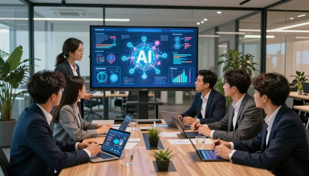 A sophisticated business environment showcasing the competitive advantages and benefits of Artificial Intelligence (AI). In the foreground, a diverse group of professionals in smart business attire engages in a dynamic brainstorming session, analyzing charts and data on digital tablets. In the middle ground, a large screen displays vibrant infographics with AI-related imagery, such as neural networks and algorithms, symbolizing innovation. The background features a modern office with glass walls and greenery, emphasizing a forward-thinking atmosphere. Soft and warm lighting highlights the collaboration, while a wide-angle perspective captures the energy and optimism of the team, creating an engaging and inspiring mood that reflects the strategic advantages of AI in business.