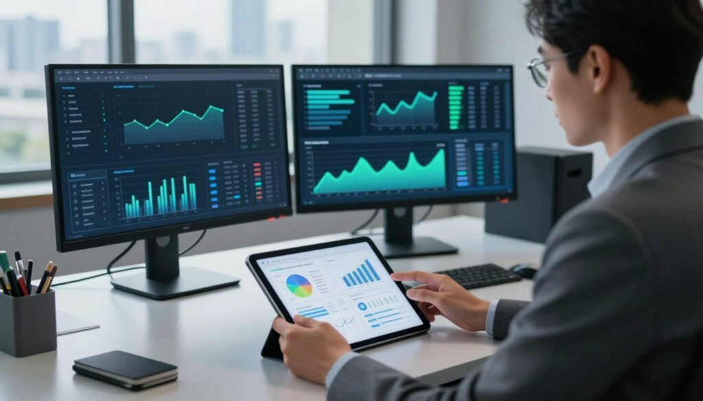 A sophisticated office environment showcasing the optimization of operational reports through AI technology. In the foreground, a professional in business attire is analyzing digital reports on a sleek tablet, displaying vibrant graphs and charts. In the middle, a modern workstation features multiple monitors with intricate data analytics visualizations, glowing softly with blue and green hues. The background reveals a large window with a panoramic city view, letting in natural light that creates an inspiring atmosphere. Utilize soft, focused lighting to emphasize the subject's concentration. Capture this scene from a slightly elevated angle, conveying a sense of innovation and professionalism, while maintaining a clean, organized aesthetic without any text or distractions.
