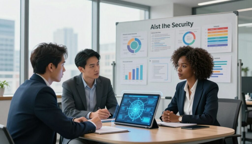 A thoughtful, high-tech office environment showcases a roundtable discussion on data security challenges. In the foreground, two professionals—one Asian man and one Black woman—are engaged in a focused conversation, both dressed in smart business attire. They are analyzing a digital map of data flows displayed on a transparent touchscreen tablet. In the middle ground, a large whiteboard filled with colorful charts and diagrams detailing potential risks of AI implementation in business operations highlights issues like data breaches and privacy concerns. The background features floor-to-ceiling windows revealing a bustling cityscape under soft, natural lighting, creating a modern and dynamic atmosphere. The scene conveys a sense of urgency and significance surrounding the topic of data security and AI.