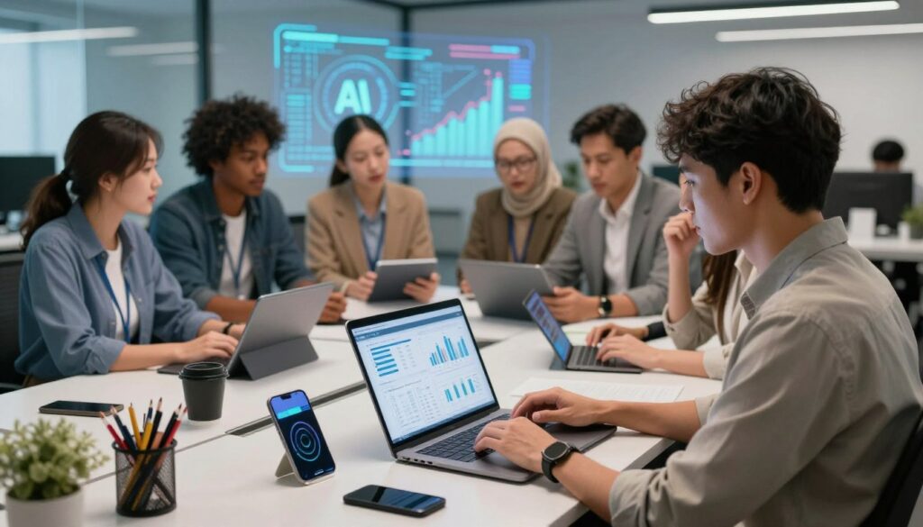 A vibrant office scene showcasing the integration of basic technology and AI in small and medium enterprises (UMKM) in Indonesia. In the foreground, a professional individual is working on a modern laptop, analyzing data displayed on the screen, wearing smart, casual attire. The middle ground features a small group of diverse business owners engaged in a discussion, surrounded by digital tools like tablets and smart devices, symbolizing collaboration. In the background, an abstract representation of AI-driven technology, like binary code and graphs, seamlessly merges with the workspace environment. Soft, ambient lighting casts a professional yet inviting atmosphere, emphasizing innovation and efficiency in the workplace. The photo is captured from a slightly elevated angle to provide depth, highlighting the interaction among the individuals and their tools.