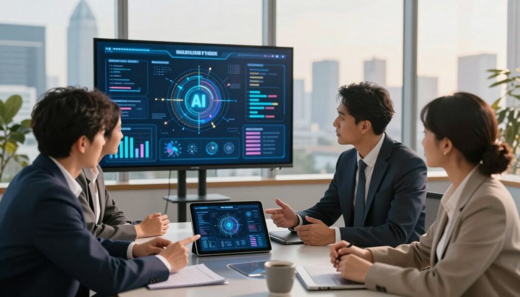 An ambitious business strategizing the implementation of AI technology, set in a modern office environment. In the foreground, a diverse group of professionals engaged in a discussion, two wearing crisp business suits and one in smart casual attire, analyzing charts and digital interfaces on a sleek tablet. The middle layer features a large screen displaying AI data visualizations and algorithms, highlighting strategic insights. In the background, an expansive city skyline through floor-to-ceiling windows, bathed in warm, natural light that creates an optimistic atmosphere. The scene captures a sense of innovation and collaboration in a harmonious and forward-thinking setting, emphasizing the integration of AI into business strategies.