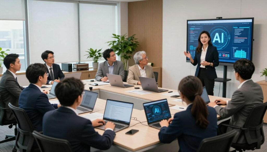 In a modern corporate training room, a diverse group of professionals dressed in business attire is engaged in an AI training session. The foreground showcases a female instructor, animatedly presenting on a large screen displaying AI graphics and data. The middle ground features attentive participants, focused on their laptops, with various age groups and ethnicities represented, reflecting Indonesia's diversity. In the background, sleek office decor and potted plants create a professional yet welcoming atmosphere. Soft, natural lighting illuminates the room, enhancing a mood of collaboration and innovation. The camera angle is slightly elevated, capturing the dynamic interaction and the modern design of the training space, embodying a forward-thinking approach towards AI integration in corporate culture.