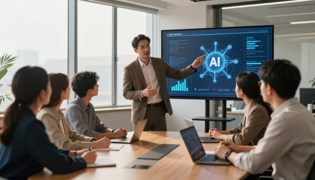 A confident leader, dressed in professional attire, stands at the forefront of a modern office setting, engaging with a diverse group of team members seated around a polished conference table. The atmosphere is collaborative, highlighted by warm, natural light filtering through large windows. In the background, a digital screen displays visual representations of AI concepts, such as neural networks and data analytics, symbolizing AI fluency. The leader gestures towards the screen, fostering trust and clarity among the team as they discuss strategies for effective AI implementation. The color palette is warm and inviting, promoting an atmosphere of innovation and teamwork. In the corner, a subtle logo of A confident leader, dressed in professional attire, stands at the forefront of a modern office setting, engaging with a diverse group of team members seated around a polished conference table. The atmosphere is collaborative, highlighted by warm, natural light filtering through large windows. In the background, a digital screen displays visual representations of AI concepts, such as neural networks and data analytics, symbolizing AI fluency. The leader gestures towards the screen, fostering trust and clarity among the team as they discuss strategies for effective AI implementation. The color palette is warm and inviting, promoting an atmosphere of innovation and teamwork. In the corner, a subtle logo of