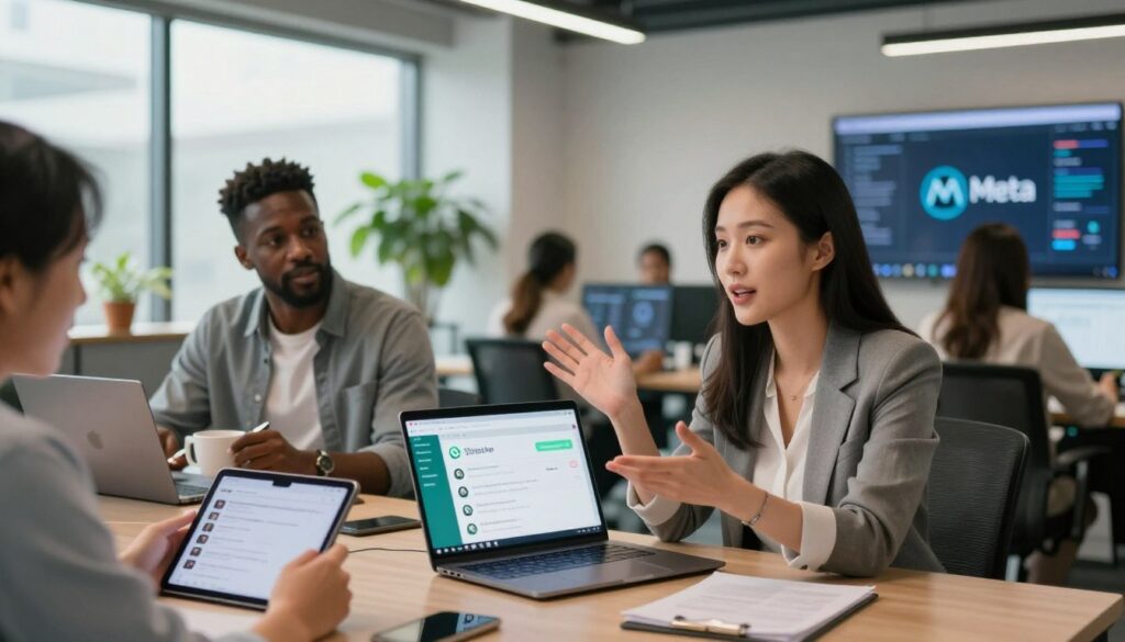 A contemporary office environment bustling with activity, featuring a diverse team of professionals engaged in a discussion about integrating Meta AI with WhatsApp. In the foreground, a mid-30s Asian woman in business attire confidently gestures towards a laptop displaying a WhatsApp interface, illustrating customer interaction tools. To the left, a Black man, also dressed in business casual, takes notes while observing a demo on a tablet. The background shows a modern office space with large windows and greenery, complemented by soft natural lighting creating an optimistic atmosphere. The room is equipped with digital screens displaying analytics and Meta AI logos, fostering a tech-savvy ambiance. The image should convey collaboration and innovation in customer engagement. The brand A contemporary office environment bustling with activity, featuring a diverse team of professionals engaged in a discussion about integrating Meta AI with WhatsApp. In the foreground, a mid-30s Asian woman in business attire confidently gestures towards a laptop displaying a WhatsApp interface, illustrating customer interaction tools. To the left, a Black man, also dressed in business casual, takes notes while observing a demo on a tablet. The background shows a modern office space with large windows and greenery, complemented by soft natural lighting creating an optimistic atmosphere. The room is equipped with digital screens displaying analytics and Meta AI logos, fostering a tech-savvy ambiance. The image should convey collaboration and innovation in customer engagement. The brand
