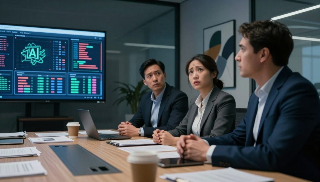 A corporate office setting, dimly lit with a somber atmosphere, where a group of three business professionals in smart attire are huddled around a large conference table. They display expressions of concern and confusion as they gaze at an oversized screen displaying chaotic data visualizations symbolizing the pitfalls of AI adoption without clear goals. In the foreground, coffee cups and scattered documents illustrate a disorganized environment. The middle layer reveals the professionals' engaged discussion, and in the background, a sleek modern office features abstract art, emphasizing a sense of innovation gone awry. The image should evoke a mood of unease and urgency about the implications of misguided AI strategies. Dee Ferdinand logo subtly placed without any text. A corporate office setting, dimly lit with a somber atmosphere, where a group of three business professionals in smart attire are huddled around a large conference table. They display expressions of concern and confusion as they gaze at an oversized screen displaying chaotic data visualizations symbolizing the pitfalls of AI adoption without clear goals. In the foreground, coffee cups and scattered documents illustrate a disorganized environment. The middle layer reveals the professionals' engaged discussion, and in the background, a sleek modern office features abstract art, emphasizing a sense of innovation gone awry. The image should evoke a mood of unease and urgency about the implications of misguided AI strategies. Dee Ferdinand logo subtly placed without any text.