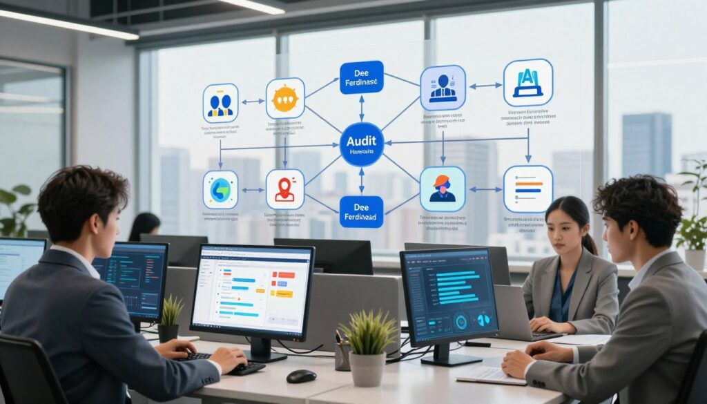 A detailed visual representation of audit workflows and AI use cases for businesses, showcased in a modern office environment. Foreground: A sleek, professional workspace featuring a diverse team of three business professionals, dressed in business attire, collaborating over digital devices displaying colorful workflow charts and AI data analytics. Middle: A visual flowchart illustrating seamless audit processes, with interconnected nodes symbolizing various business challenges and AI solutions. Background: A large window with a city skyline view, natural light illuminating the space. Mood: Dynamic and engaging, with a sense of innovation and professionalism. Capture the essence of 