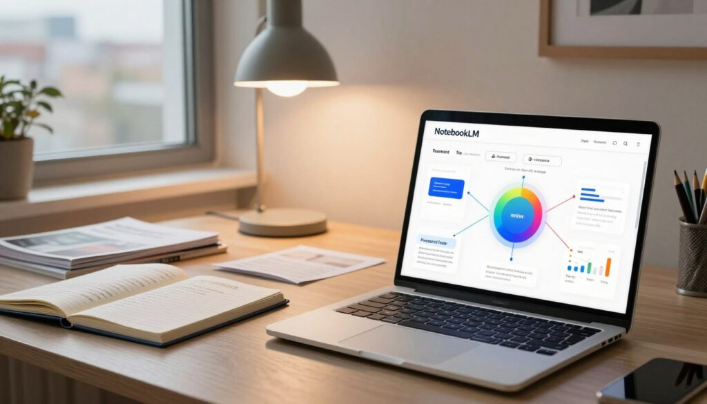 A digital workspace showcasing a comparison of research tools based on sources. In the foreground, a sleek laptop displays a vibrant infographic highlighting different research tools with connecting lines and charts. To the left, an elegantly designed notebook labeled A digital workspace showcasing a comparison of research tools based on sources. In the foreground, a sleek laptop displays a vibrant infographic highlighting different research tools with connecting lines and charts. To the left, an elegantly designed notebook labeled