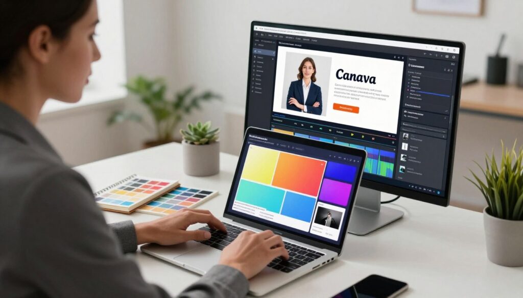 A focused workspace scene showcasing a professional editing environment, featuring a confident businessperson in business attire, intently working on a computer screen. The screen displays a Canva interface with engaging slide designs tailored to client needs. In the foreground, a sleek laptop is open with vibrant mock-ups and color palettes visible. On the desk, essential tools like a notepad, color swatches, and design books are strategically placed, adding to the creative ambiance. The background is a softly lit office space with minimalistic decor and a plant for a touch of freshness. The overall mood is productive and inspiring, emphasizing the connection between creativity and client satisfaction. Dee Ferdinand's branding is subtly visible on the laptop screen.