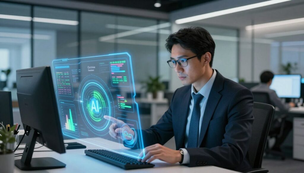 A futuristic office environment with a professional business analyst in sharp business attire, focused on a holographic display of complex data visualizations and graphs symbolizing AI decision-making capabilities. The foreground features the analyst deeply engaged, with bright blue and green light emanating from the display. In the middle ground, various digital interfaces and screens show charts and AI algorithms, blending seamlessly into the background of a sleek office space with glass walls and modern furniture. The overall atmosphere conveys innovation and clarity, illuminated by soft, diffuse ambient lighting. The image should emphasize a sense of collaboration and intelligence, showcasing how AI can assist in critical business decisions. Include subtle branding elements related to 