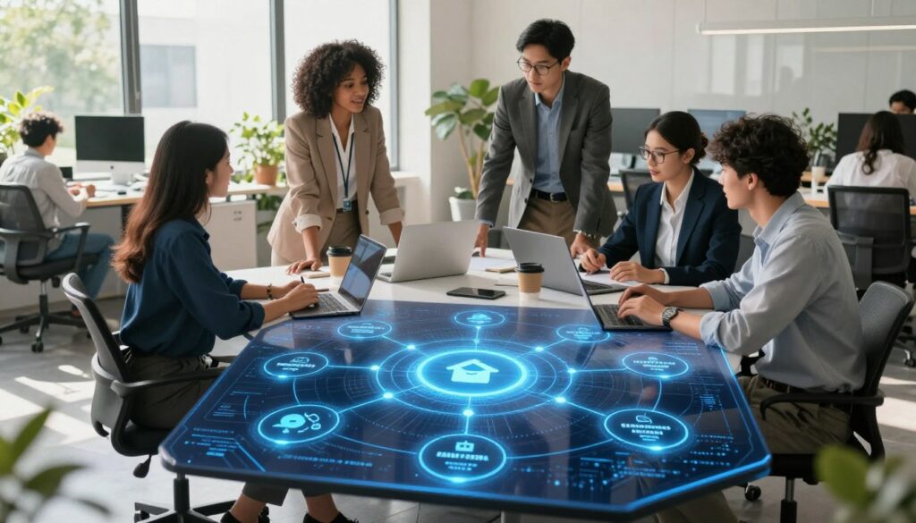 A modern, centralized knowledge hub for a team, set in a bright, open office space. In the foreground, a sleek digital screen displays interconnected nodes representing various knowledge areas, glowing softly in blue tones. In the middle ground, a diverse group of professionals in smart business attire—two women and two men—collaborate around a large table, engaged in a dynamic discussion. They are surrounded by laptops, notebooks, and coffee cups, conveying a collaborative atmosphere. The background features large windows allowing natural sunlight to illuminate the workspace, with greenery visible outside for a fresh touch. The overall mood is focused and innovative, highlighting the importance of a centralized knowledge base for teamwork. Dee Ferdinand branding subtly integrated into workspace elements.