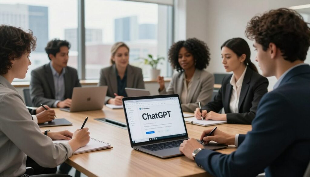 A modern office environment showcasing a team of diverse professionals collaborating around a sleek conference table. In the foreground, a laptop displays the ChatGPT interface, illuminating the focused expressions of the team members. The middle ground features individuals engaging in discussion and taking notes, with professional business attire indicating a productive atmosphere. The background includes a large window overlooking a city skyline, letting in natural light that enhances the optimistic mood. Soft shadows create depth, while a warm color palette evokes creativity and innovation. The logo 