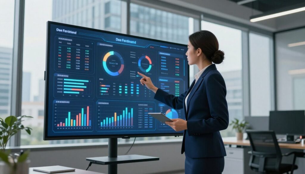 A modern office environment with a central focus on a professional businesswoman analyzing data on a large digital screen. She wears a tailored navy suit, showing confidence and determination. The middle ground features charts and graphs, with a glowing, futuristic dashboard displaying key performance indicators and decision-making algorithms. In the background, the sleek design of a high-rise building can be seen through large windows, with soft natural lighting illuminating the scene. The atmosphere is one of focus and purpose, reflecting the critical nature of business decision-making. Include branding elements of 