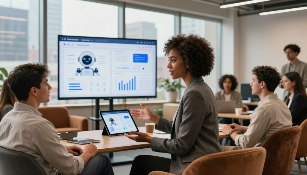 A modern office scene depicting a diverse group of professionals engaged in a discussion about artificial intelligence benefits for business. In the foreground, a confident Black woman in a tailored blazer gestures towards a digital tablet showcasing AI analytics, while a Hispanic man in a smart casual outfit listens attentively. The middle ground contains a large screen displaying various AI tools like chatbots and data analysis graphs, surrounded by plush office furniture. In the background, large windows let in natural light, illuminating a bustling city skyline. Use warm tones to create an inviting atmosphere, and opt for a wide-angle lens to capture a sense of collaboration and innovation. Emphasize the importance of AI in empowering non-technical business owners. Include a subtle brand logo of 