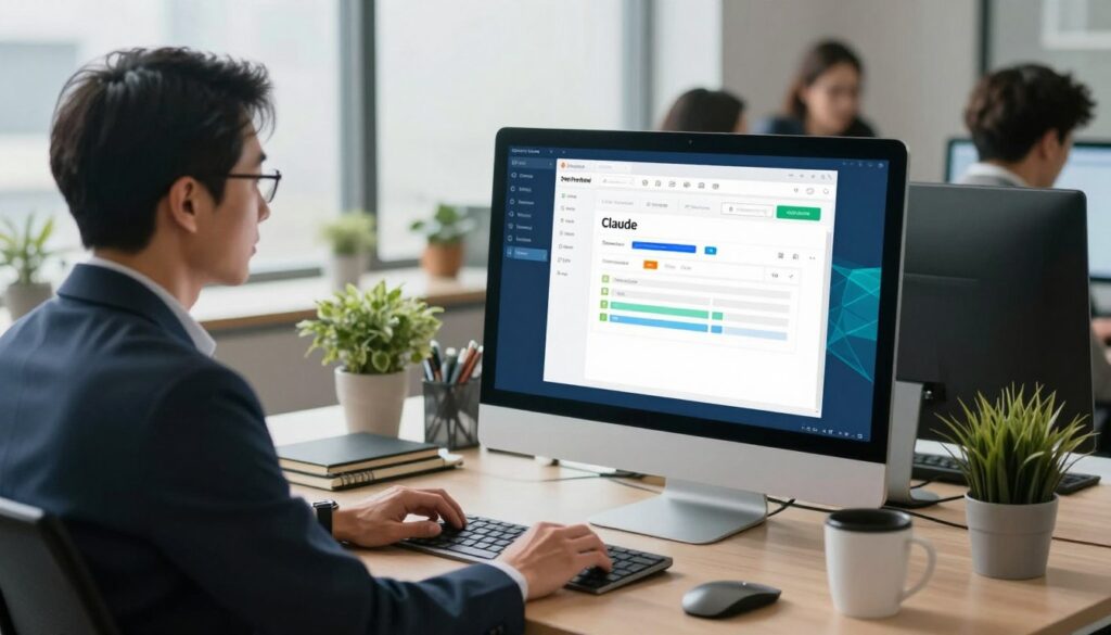 A modern office scene featuring a professional individual, dressed in business attire, focused on uploading a CSV or Excel file to a sleek computer interface labeled A modern office scene featuring a professional individual, dressed in business attire, focused on uploading a CSV or Excel file to a sleek computer interface labeled