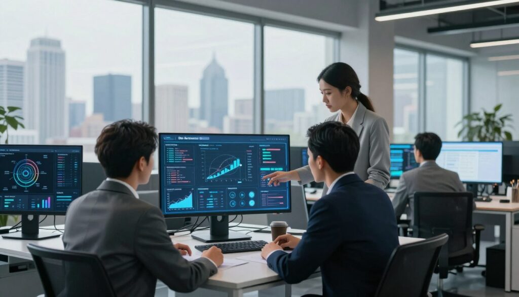 A modern office setting illustrating the capabilities of AI tools for enterprise needs. In the foreground, a diverse group of three professionals in business attire is engaged, analyzing digital data on a holographic display that projects graphs and analytics. The middle ground features sleek, high-tech devices and screens showing various AI applications such as data processing, automated workflows, and analytics dashboards, symbolizing functionality and efficiency. The background captures a large window with a city skyline, emphasizing a forward-thinking business environment. Soft, natural lighting fills the room, creating a calm yet innovative atmosphere. The image conveys a sense of collaboration and progress, with “Dee Ferdinand” subtly represented in the design of one of the digital interfaces, emphasizing a seamless integration of AI in enterprise solutions.