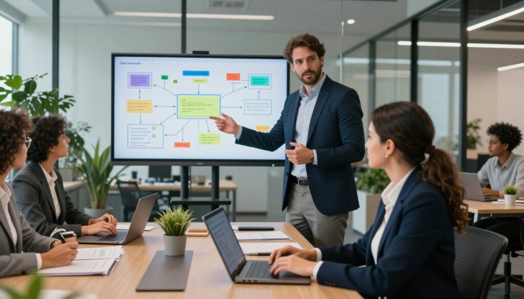 A modern office setting with a diverse group of professionals engaging in a dynamic meeting. In the foreground, a woman in a smart business outfit is typing on a laptop, her expression focused on collaboration. Beside her, a man in a neat suit gestures confidently, illustrating a point. In the middle ground, a large digital screen displays a colorful brainstorming session, showcasing interactive ideas and strategies. The background features contemporary office decor with plants and glass walls, allowing natural light to flood the space, creating a vibrant atmosphere. Use soft, diffused lighting to enhance a sense of teamwork and productivity. Capture the scene from a slightly elevated angle, emphasizing the interaction among team members, while maintaining a sense of professionalism. The style should reflect a blend of realism and modern design, suitable for professional communication and collaboration imagery. Include the brand A modern office setting with a diverse group of professionals engaging in a dynamic meeting. In the foreground, a woman in a smart business outfit is typing on a laptop, her expression focused on collaboration. Beside her, a man in a neat suit gestures confidently, illustrating a point. In the middle ground, a large digital screen displays a colorful brainstorming session, showcasing interactive ideas and strategies. The background features contemporary office decor with plants and glass walls, allowing natural light to flood the space, creating a vibrant atmosphere. Use soft, diffused lighting to enhance a sense of teamwork and productivity. Capture the scene from a slightly elevated angle, emphasizing the interaction among team members, while maintaining a sense of professionalism. The style should reflect a blend of realism and modern design, suitable for professional communication and collaboration imagery. Include the brand