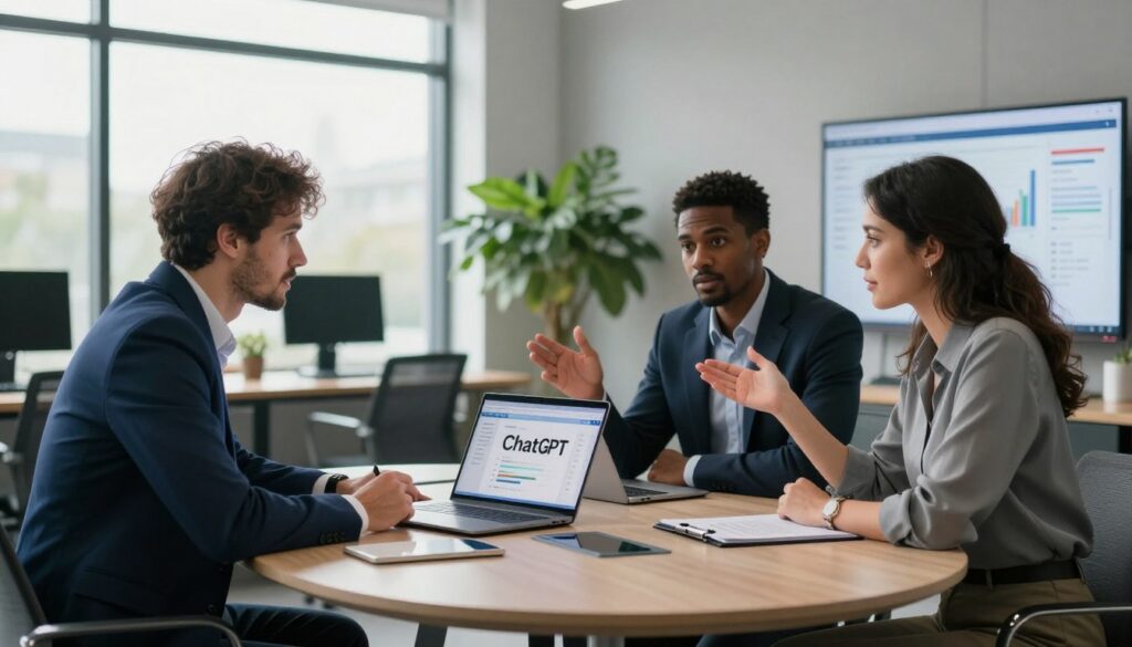 A modern office setting with a sleek, round conference table at the forefront, where two diverse professional individuals, a man in a tailored navy suit and a woman in a smart blouse, are engaging in a dynamic discussion, using a laptop featuring the ChatGPT interface. In the background, a large window lets in soft, natural daylight, illuminating the contemporary workspace adorned with greenery and digital screens displaying graphs and collaborative tools. The atmosphere is collaborative and innovative, reflecting the essence of teamwork and technology aiding communication. Shot from a slightly elevated angle to capture the interaction and environment harmoniously, evoking a sense of motivation and progress in team communication. Dee Ferdinand product design elements subtly integrated into the decor.