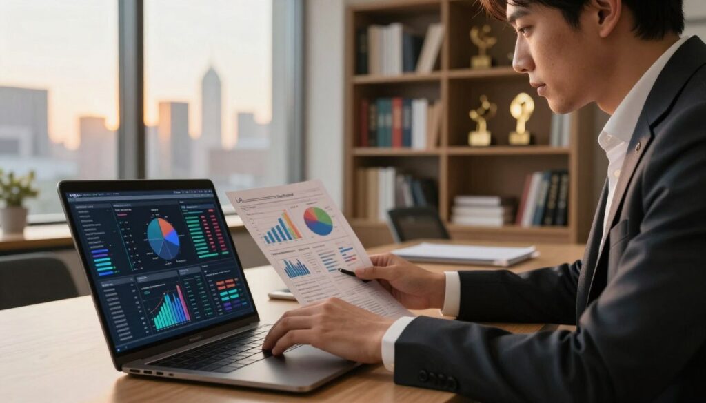 A professional business analyst, dressed in smart attire, intently reviewing complex data charts and graphs on a sleek laptop at a modern office desk. Foreground features a close-up of hands typing on the laptop, with vibrant digital data visuals displayed on the screen. In the middle ground, a large window reveals a city skyline bathed in warm, golden afternoon light. The background showcases shelves filled with books and awards, creating a scholarly atmosphere. The mood is focused and analytical, emphasizing decision-making in high-risk situations. A subtle logo for 