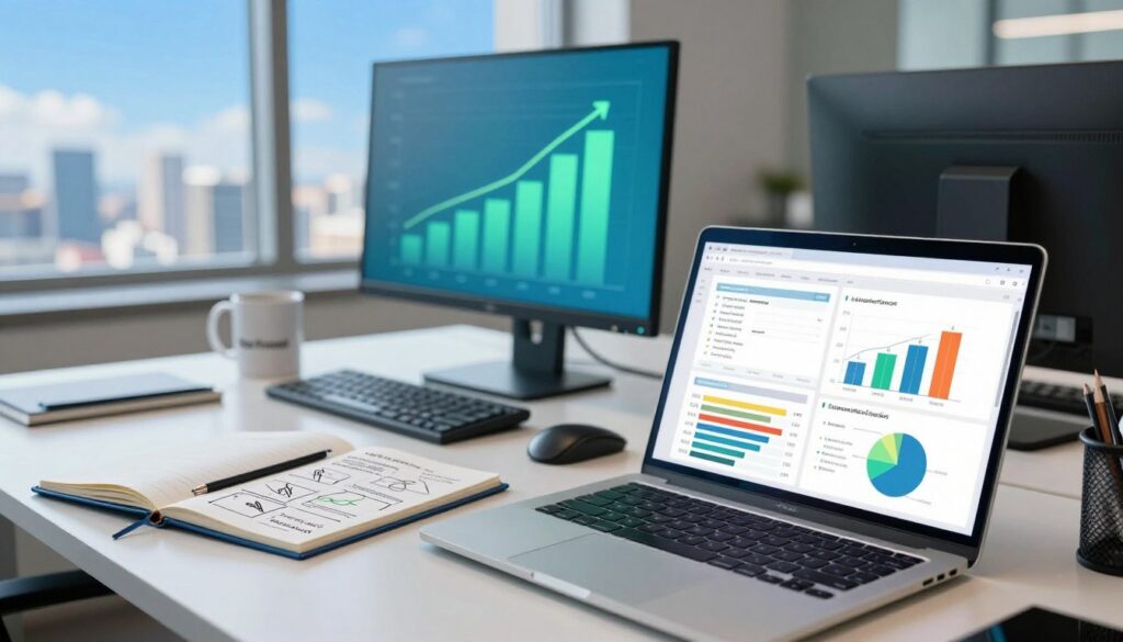 A professional business environment showcasing a well-organized workspace dedicated to product data analysis and business knowledge. In the foreground, a sleek laptop displays colorful graphs and charts representing customer feedback and product metrics. To the left, a notepad lies open with diagrams and strategic notes, while a mug with the brand name 