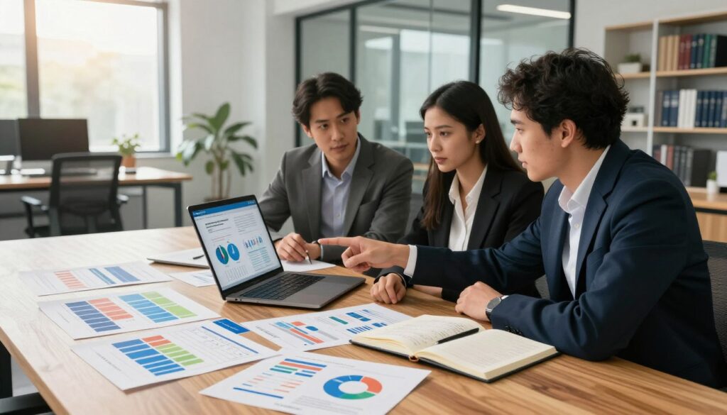 A professional business environment showcasing the concept of data sources and structured data. In the foreground, an elegantly designed wooden table is cluttered with various data visualizations on papers, a laptop displaying colorful charts, and an open notebook with handwritten notes. In the middle ground, a diverse group of three individuals, dressed in smart business attire, are deeply engaged in a discussion, pointing at the laptop screen. The background features a modern office filled with glass partitions and shelves showcasing data analysis books. Soft, natural sunlight filters through the large windows, creating a bright and inviting atmosphere. The entire scene conveys an air of collaboration and analytical focus, branded subtly with 