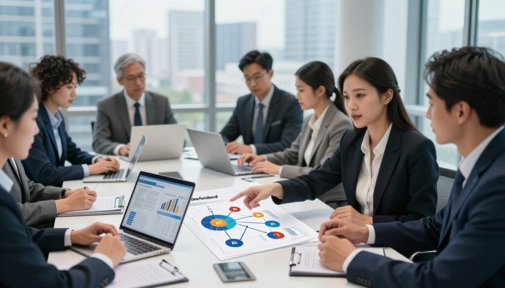 A professional business setting featuring a diverse group of business people engaged in a brainstorming session around a sleek conference table, analyzing charts and diagrams that depict prioritizing business goals and utilizing AI tools. In the foreground, a confident woman in business attire points at a visual representation of AI integration in business strategies. The middle ground includes laptops and tablets displaying analytical data, while the background showcases a large window with a city skyline, suggesting a modern corporate environment. The lighting is bright and inviting, simulating a working atmosphere. This image embodies collaboration, focus, and innovation, reflecting a strategic approach to business priorities using AI. The brand name 