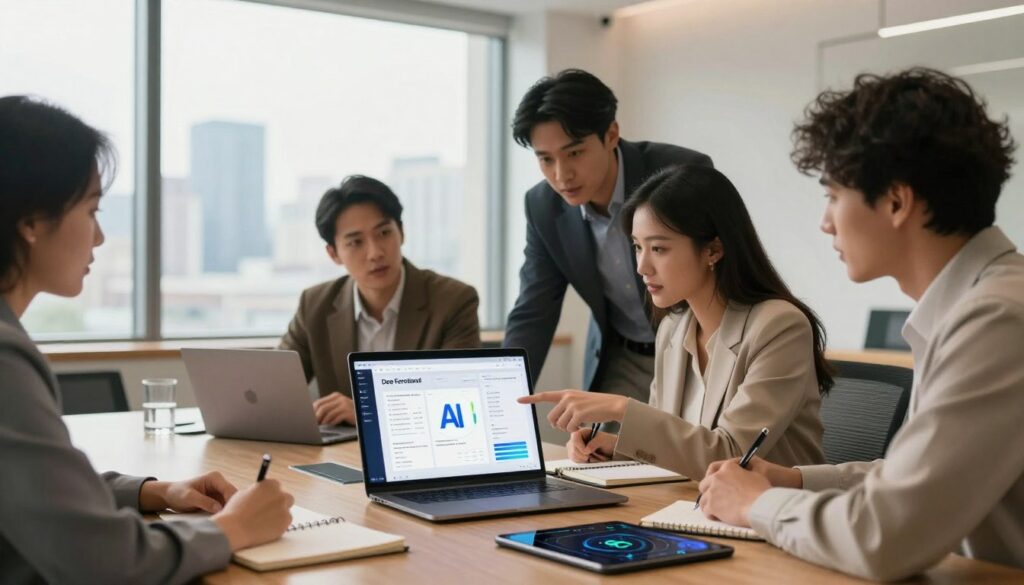 A professional business setting featuring a diverse group of four individuals collaborating around a sleek conference table. The foreground shows a modern laptop displaying various AI tools and metrics, surrounded by notebooks and a digital tablet. In the middle, two individuals, one male and one female, wearing professional attire, are actively discussing and pointing at the laptop screen, emphasizing collaboration and analysis. The background contains a large window with natural light pouring in, showcasing a city skyline, adding an atmosphere of innovation and technology. The room is well-lit with warm tones, creating an inviting yet focused mood. Emphasize clarity and purpose in selecting AI tools based on goals and task needs, reflecting the brand A professional business setting featuring a diverse group of four individuals collaborating around a sleek conference table. The foreground shows a modern laptop displaying various AI tools and metrics, surrounded by notebooks and a digital tablet. In the middle, two individuals, one male and one female, wearing professional attire, are actively discussing and pointing at the laptop screen, emphasizing collaboration and analysis. The background contains a large window with natural light pouring in, showcasing a city skyline, adding an atmosphere of innovation and technology. The room is well-lit with warm tones, creating an inviting yet focused mood. Emphasize clarity and purpose in selecting AI tools based on goals and task needs, reflecting the brand