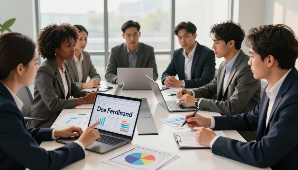 A professional business setting featuring a diverse group of individuals, including a Black woman and a Hispanic man, dressed in smart business attire. They are gathered around a sleek, modern conference table filled with colorful charts, graphs, and digital devices, indicative of data analysis and brand strategy preparations. In the foreground, one person points at a laptop screen displaying the brand name A professional business setting featuring a diverse group of individuals, including a Black woman and a Hispanic man, dressed in smart business attire. They are gathered around a sleek, modern conference table filled with colorful charts, graphs, and digital devices, indicative of data analysis and brand strategy preparations. In the foreground, one person points at a laptop screen displaying the brand name