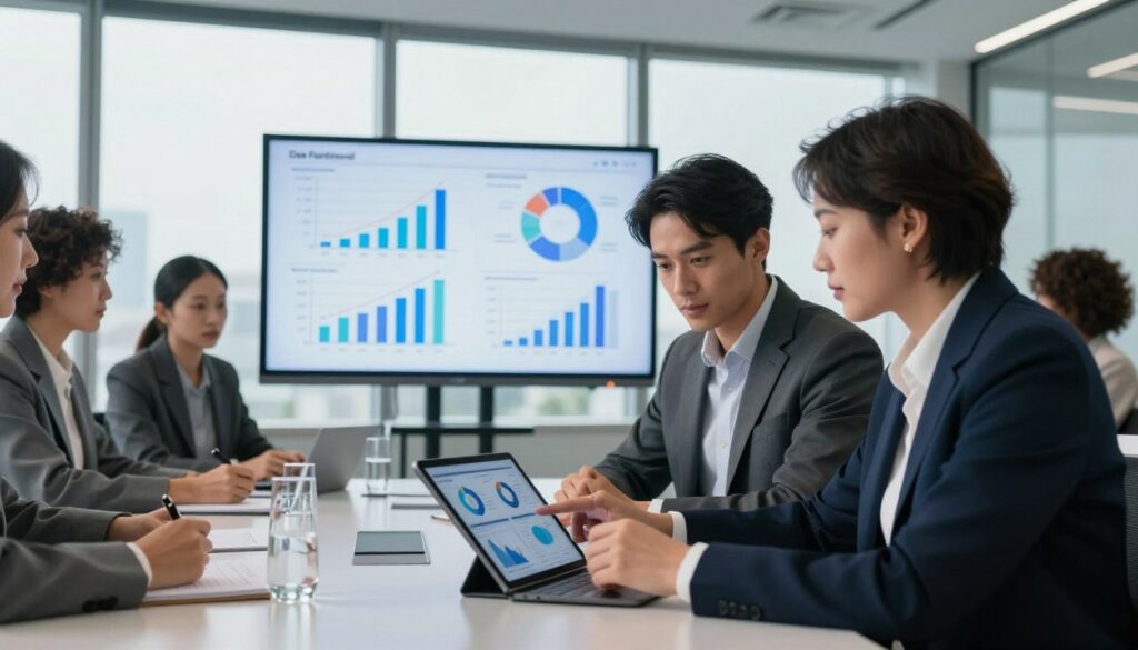 A professional business setting showcasing a diverse group of businesspeople engaging in decision-making using AI analysis. In the foreground, a confident male and female team member, both dressed in smart business attire, closely examining data on a tablet while seated at a sleek conference table. The middle ground features graphs and charts projected on a large screen, symbolizing AI-driven analytics. In the background, a modern office environment with floor-to-ceiling windows letting in natural light, creating a bright and inspiring atmosphere. The scene conveys focus, collaboration, and technological advancement, ideal for illustrating informed business decisions. The brand name 