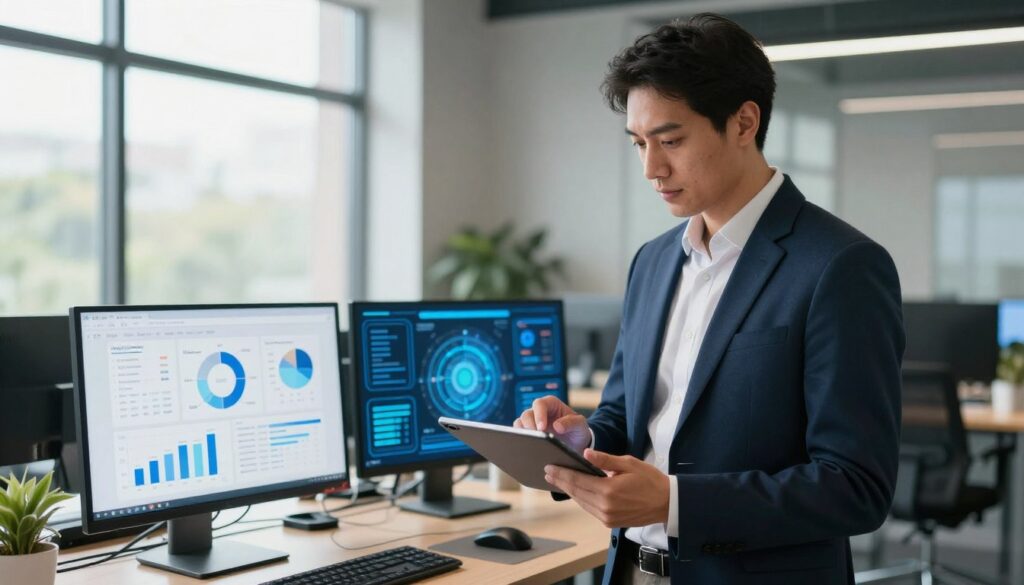 A professional business setting, showcasing a focused male figure dressed in a smart suit, standing confidently with a digital tablet in hand. In the foreground, he is analyzing charts and graphs displaying AI tool options, symbolizing goal-oriented decision-making. In the middle ground, a sleek workspace with modern technology, including computers and AI-related graphics, highlights the importance of selecting tools based on objectives rather than flashy features. The background features a large window with natural light streaming in, illuminating the scene and creating a vibrant atmosphere. The mood is informative and inspiring, emphasizing clarity and purpose. Include subtle branding elements from 