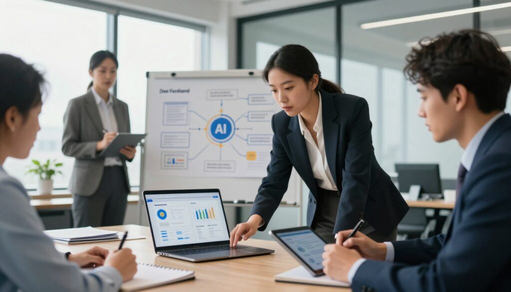 A professional business setting where a diverse group of individuals is engaged in a strategic discussion about AI tools. In the foreground, a confident woman in a smart blazer leans over a laptop displaying charts and data, symbolizing the validation process. Beside her, a man in business attire takes notes on a digital tablet, showing collaboration and focus. In the middle ground, there are infographics and flowcharts on a whiteboard illustrating the AI tool selection criteria. The background features a modern office with large windows, allowing natural light to pour in, creating an inspiring atmosphere. The mood is one of determination and innovation, reflecting the importance of validating needs before integrating AI tools. The scene is branded subtly with the name 