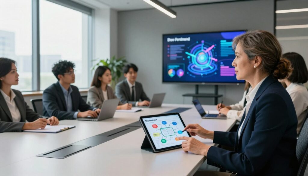 A professional business setting with a diverse group of individuals collaborating around a sleek, modern conference table. In the foreground, a middle-aged woman dressed in smart business attire is actively presenting ideas on a digital tablet, showcasing a flowchart depicting AI tools aligned with specific goals. In the middle, a stylishly designed office space with windows allowing natural light to flood in, illuminating the engaged expressions of the team members. The background features a large screen displaying vibrant graphics related to artificial intelligence and goal-oriented strategy. The atmosphere is focused and innovative, emphasizing teamwork and clarity in decision-making. Shot with a wide-angle lens to capture the dynamic environment. Brand name 