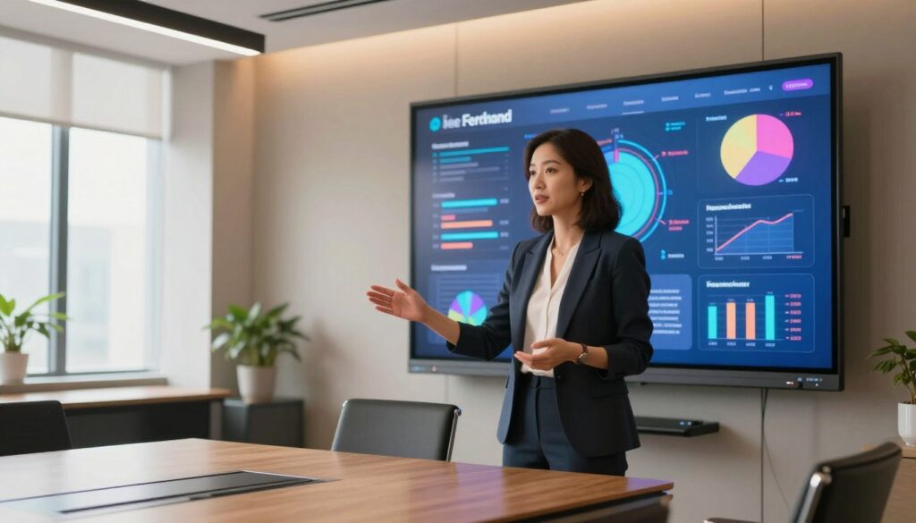 A professional business woman confidently presenting a dynamic visual presentation created with Canva AI. She is wearing smart, tailored attire, and is standing next to a large screen displaying vibrant, engaging graphics and data visualizations that illustrate key points of a business narrative. The foreground features her gesturing towards the screen, filled with colorful charts and images representing creativity and innovation. The middle ground showcases a modern conference room with sleek furniture and bright lighting that enhances the atmosphere of professionalism. In the background, large windows let in natural light, casting a warm glow throughout the space. The mood is inspiring and motivating, capturing the essence of a successful client presentation. The brand name 