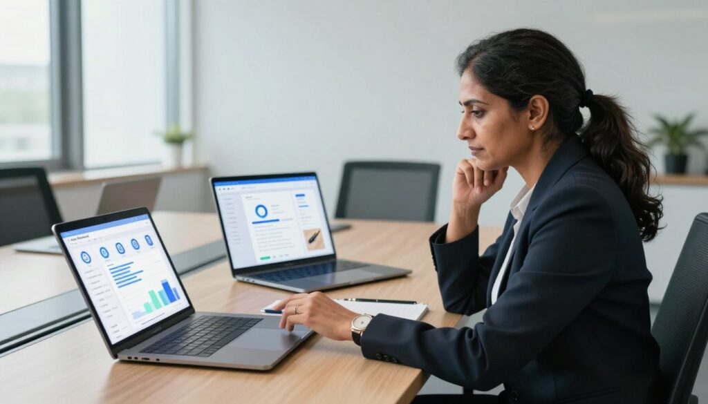A professional businessperson, portrayed as a middle-aged South Asian woman in business attire, sits at a modern conference table surrounded by various AI tools represented by high-tech devices like tablets and laptops. In the foreground, the woman thoughtfully analyzes a data chart displayed on one of the screens, highlighting the decision-making process in selecting AI tools. The middle ground features an open laptop showcasing a user-friendly interface, emphasizing simplicity and usability. The background consists of a bright, contemporary office environment with large windows letting in natural light, creating an optimistic and inspiring atmosphere. The scene is well-lit with soft shadows and a slight depth of field to keep the focus on the woman. The overall mood is professional and innovative, embodying the theme of choosing the right AI tools for business. The branding 