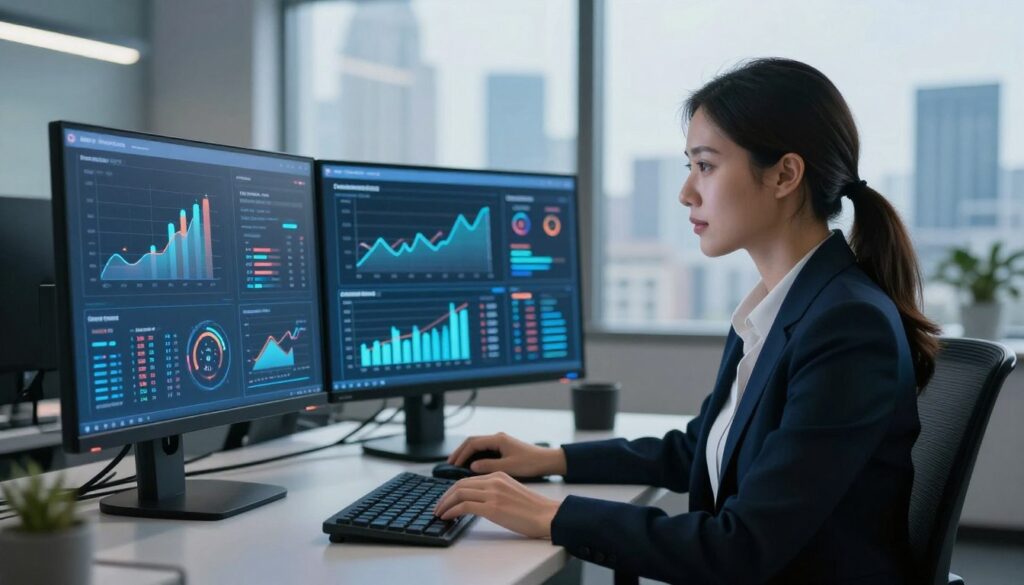 A professional businesswoman in a sleek office setting, surrounded by digital data visualizations and AI-driven analytics. In the foreground, she observes a holographic display of key business performance metrics, illuminated by soft, ambient lighting. Her attire is sharp and formal, embodying confidence and expertise. The middle ground features a modern workstation with dual monitors showcasing graphs and AI predictions. The background includes a large window with a city skyline, suggesting a bustling business environment. The overall mood conveys innovation and strategic growth, emphasizing the transformative power of AI in achieving measurable business outcomes. The scene should evoke a sense of forward-thinking and professionalism, with a slight focus on the brand identity of 